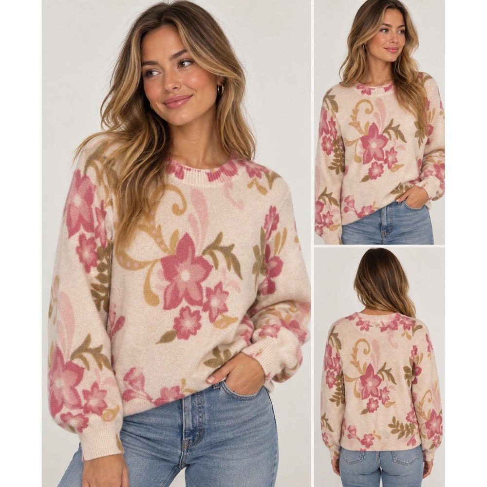 Ann Taylor LOFT Floral Pullover Sweater - White W/Pink & Brown Sz S - Unique